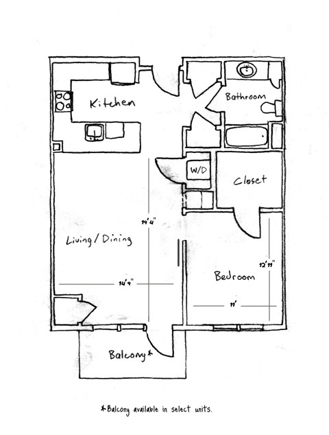 A floor plan of a house with a kitchen, living/dining area, bathroom, bedroom, and closet.
